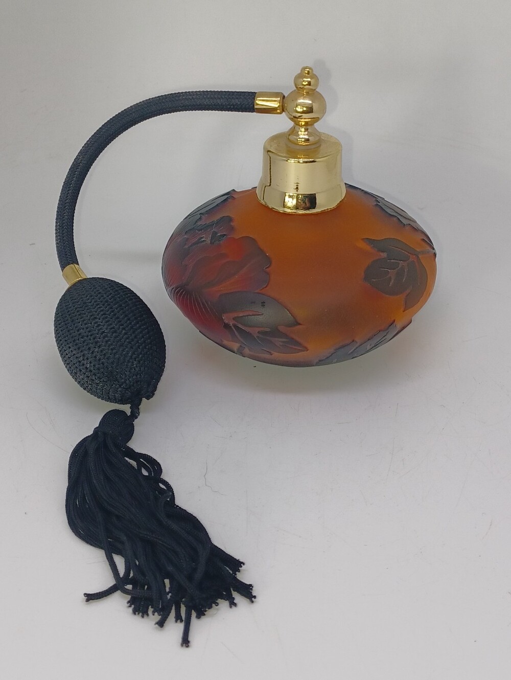 Vintage Galle Style Cameo Glass Perfume Atomizer Bottle w/ Tassel Amber Black